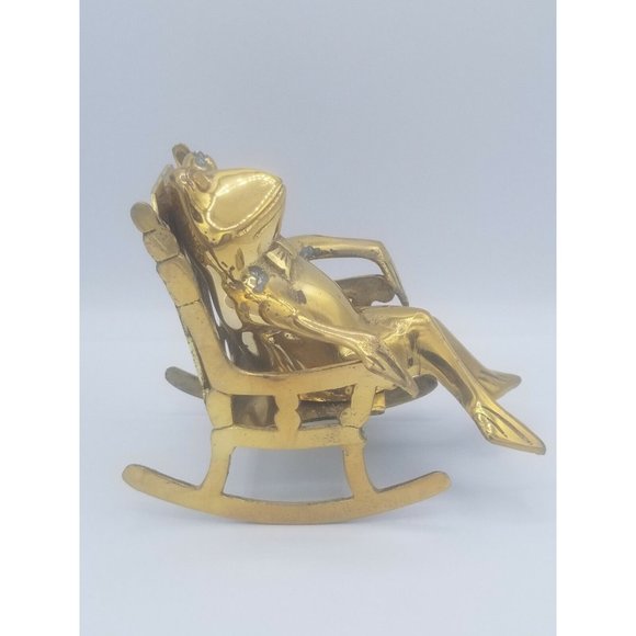 Brass Frog in Rocking Chair Figurine Bow Tie Gentleman Frog Made in Korea - Picture 5 of 8